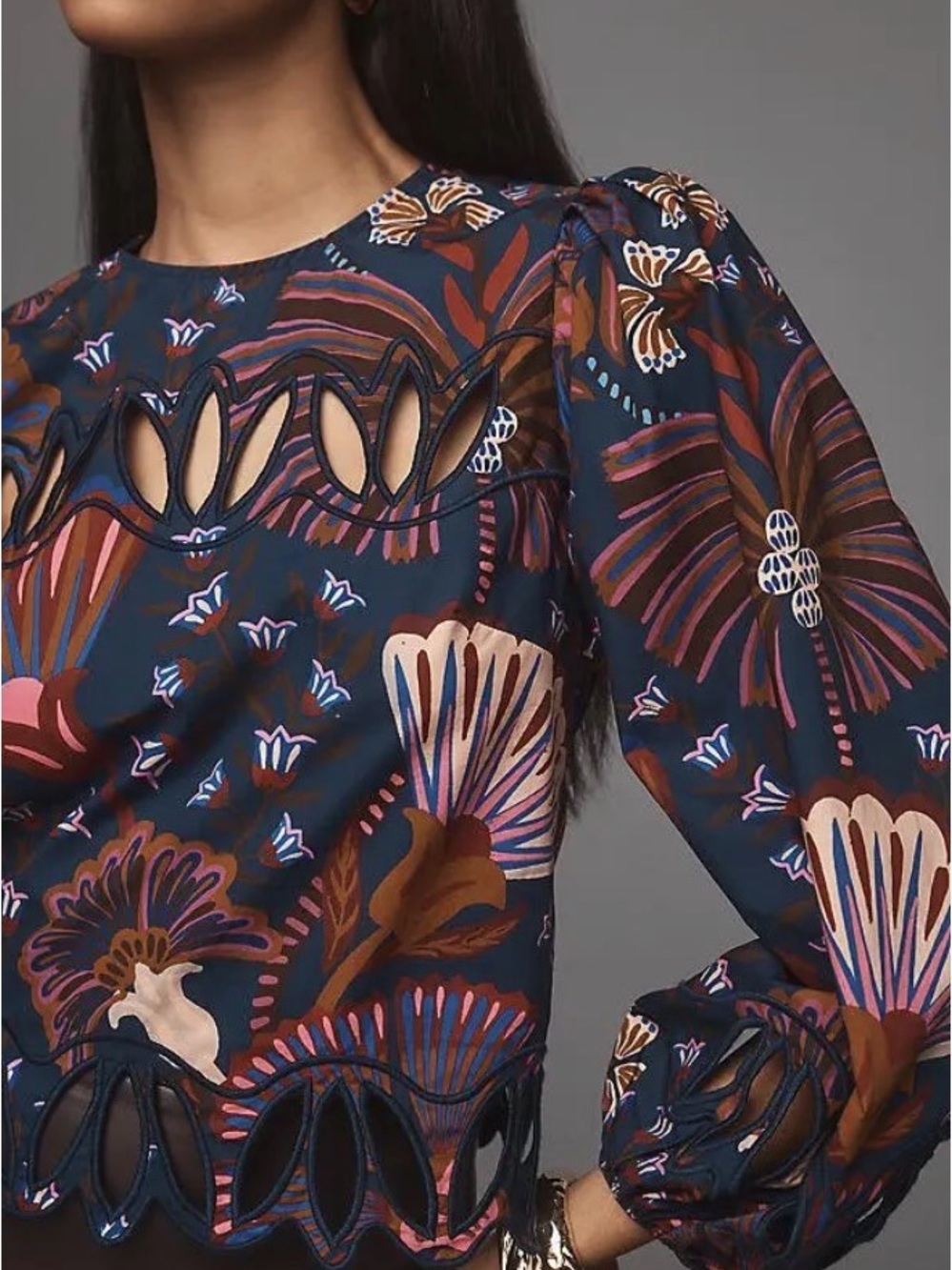 Farm Rio Navy Floral Cutout Long-Sleeve Top